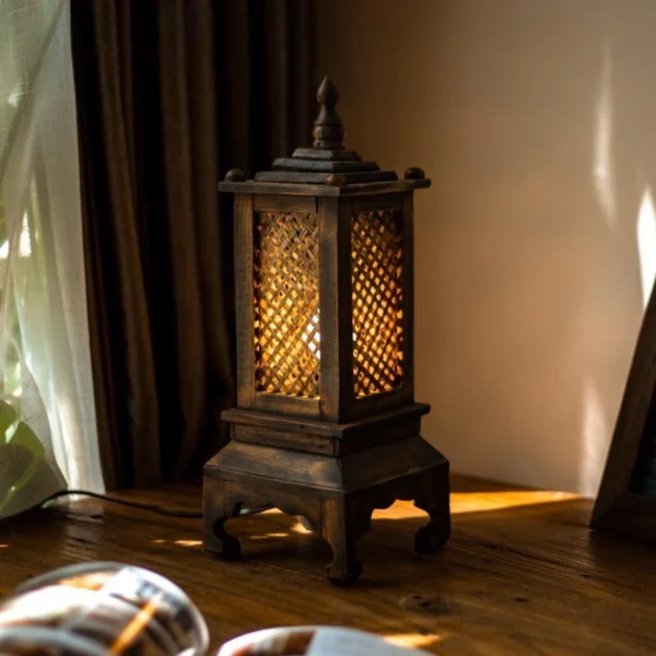 Handcrafted Carved Wood Lantern Lamp