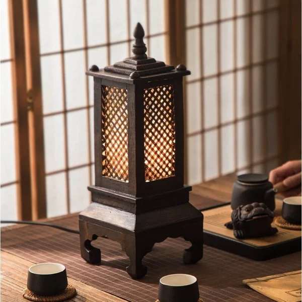 Handcrafted Carved Wood Lantern Lamp