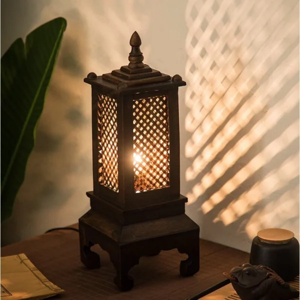 Handcrafted Carved Wood Lantern Lamp